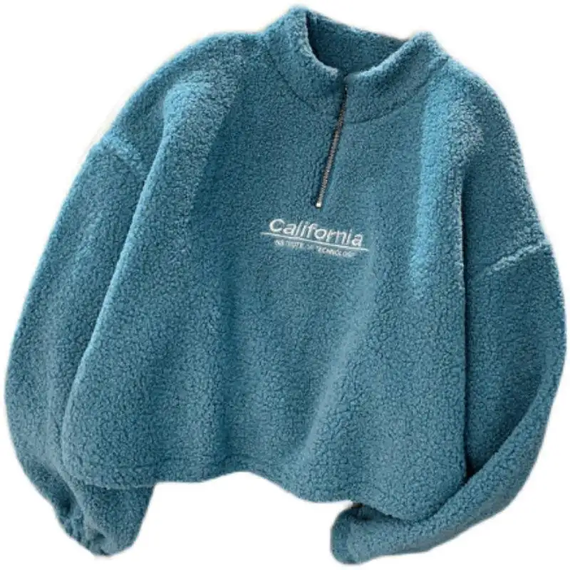 Sherpa Fleece Hoodie Crop Top Sweater Autumn Winter Half Zipper Warm Hoodie