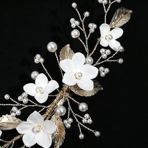 Handmade Polymer Clay Flower Bridal <strong>Hair</strong> Clip Gold Alloy Leaf Pearl Wedding <strong>Hair</strong> <strong>Piece</strong> Elegant <strong>Bridesmaid</strong> Headpiece Jewelry - Product Image 5