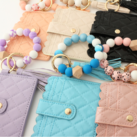 Kaarthouder sleutelhanger geweven geruite ruit gestreepte muntportemonnee dames ID creditcardhouder siliconen kwast kralen armband