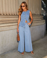 Ensembles Deux Pièces Chic Gilet Femme en Jean Simple Boutonnage + Jean Large Décontracté Ample Pantalon Y2K 2025 Ensembles Assortis