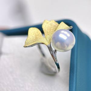 Bague en argent S925 avec feuille de Ginkgo en perle d'eau douce de 9-10 mm, bague en argent pur exquise, lumière intense, extrêmement belle, bijoux fins - Product Image 4