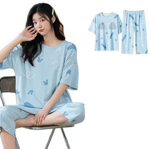 Il pigiama da donna è dotato di materassino 2025 nuovi pantaloni corti estivi a maniche corte girocollo semplice abito da casa - Product Image 1