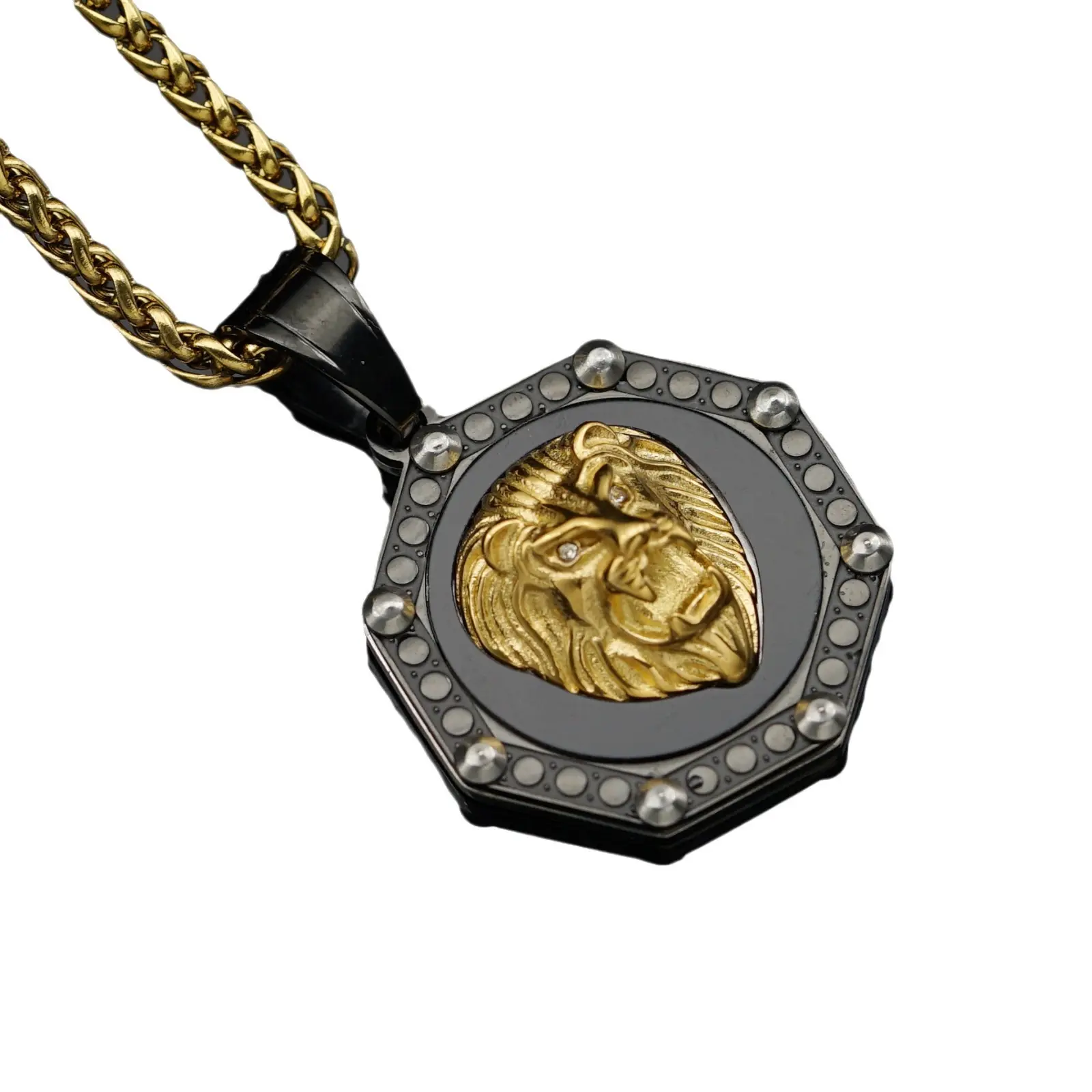 Hip Hop nuevo estilo geométrico Octágono 316l Acero inoxidable chapado en oro cabeza de león colgante collar
