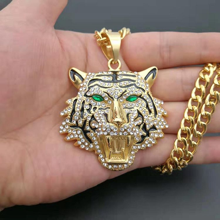 COOLSTEELANDBEYOND Nero Tigre Testa Collana con Pendente da Uomo Donna, Ciondolo Acciaio Inossidabile, Palla Catena 75CM