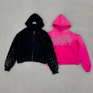 Custom Heavyweight 500 Gsm 100% Cotton <b>Black</b> Rhinestone Distressed Vintage Oversized 3D Embroidery Spring Men's <b>Fleece</b> Applique - Product Image 1
