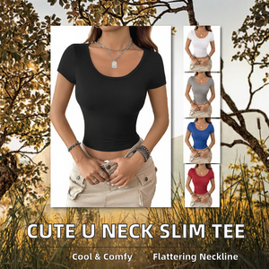 W4577 Hauts décontractés d'été pour femmes, col en U uni, manches courtes, coupe ajustée, respirant, en satin, pour le yoga, t-shirts - Product Image 2