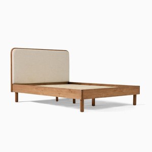 Vintage Mid Century Solid Wood Bed <strong>King</strong> Queen Size Wooden Beds Upholstered <strong>Headboard</strong> Rounded Edge Solid Wood Double Bed Frame - Product Image 3