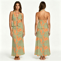 Ensemble deux pièces personnalisé pour femme en soie de lait douce, style licou à nouer sur le devant, dos froncé, imprimé hibiscus, robe longue de plage, vente en gros
