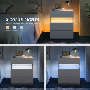LED Nightstand 3 Drawer Dresser with Acrylic Board <b>Bedside</b> <b>Table</b> for Bedroom Living Room Storage Drawer - Product Image 3