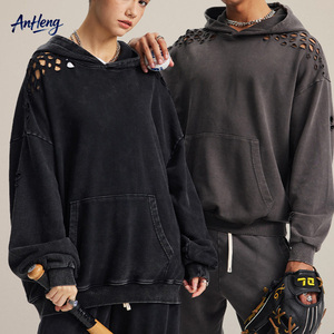 Sudadera con Capucha Unisex de Algodón 400G, Estilo Desgastado, Oversize, Streetwear, con Detalle de Rasgado a Mano y Bolsillo Canguro, Venta al por Mayor - Product Image 1