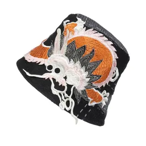 디자이너 버킷 아티스트 모자 포장 빨 데님 어부 모자 민족 스타일 손 수 놓은 자수 중국어 용 패치 버킷 모자