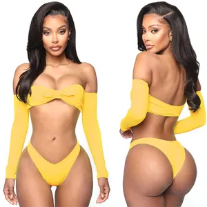2021 Hot Sale New Sexy Solid Color Bikini Split 2 Piece Long Sleeves Fashion Swimsuit