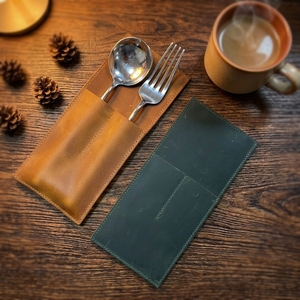 Étui à <span class=keywords><strong>couverts</strong></span> de luxe en cuir de vachette, 2 emplacements, en cuir véritable, réutilisable, cadeaux d'affaires, camping, restaurant, étui à ustensiles - Product Image 2