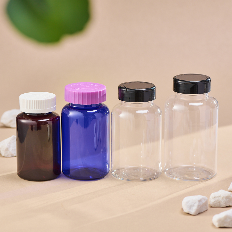 Empty Free Label Design Food Grade 150ml 200ml 250ml PET Amber and Coblat Blue Bottle With CRC Lids Pharmaceutical Packaging