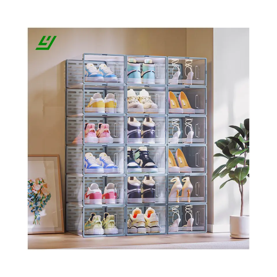 Moderno chiaro impilabile scatola di immagazzinaggio per scarpe ripiegabile armadio di plastica Sneaker scatola per scarpe trasparente da esposizione per scarpe