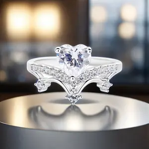 Alla moda anello d'argento con diamante naturale cuore lunetta Set per matrimoni stile alla moda