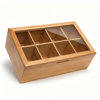 Organisateur de sachets de thé en bambou en gros, 8 compartiments, couvercle transparent, logo personnalisé OEM, boîte de rangement de thé naturelle pour hôtel, café, bureau, commerce de détail