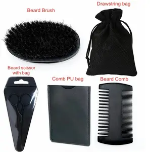 Black Comb Wood Brush Bristle Mens Gift Set Beard Grooming Trimming Kit Custom Logo Private Label Wooden For Men Care Nylon