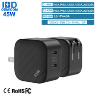 IBD Gan PD 45W Cargador rápido 2 tipo C en 1 20V Carga rápida Teléfono celular Laptop PD3.0 PPS QC4 QC3.0 SCP FCP Adaptadores de cargador de pared