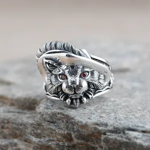 Grosir 100% S925 Sterling Silver Retro Kepribadian Rock Bulu Kucing Adjustable Perhiasan Cincin untuk Pria