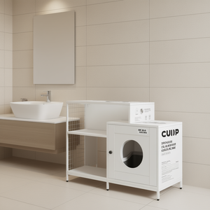 Maisonnette blanche pour chat d'intérieur avec cloison, grande litière dissimulée pour salle de bain, 100L, en plastique, fonctionnement manuel - Product Image 2