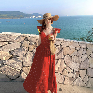 Abito lungo vintage da donna a pois con maniche corte arricciate e taglio a torsione, ideale per le vacanze estive - Product Image 1