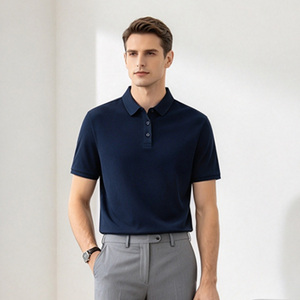 Men's <b>Navy</b> Blue Cotton Oxford <b>Polo</b> <b>Shirt</b> Short Sleeve Solid Color Casual Wear Breathable Front Logo Print - Product Image 4