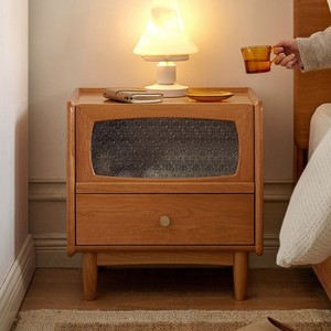 Table de chevet en bois massif, armoire de rangement vintage en bois de cerisier, meuble de chambre à coucher de style mi-siècle, tiroir avec étagère - Product Image 2