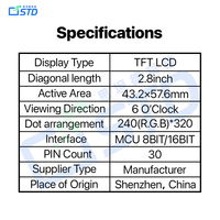Layar LCD TFT 2.8 inci 240x320 TN MCU8BIT/16BIT dengan Lampu Latar LED, Kecerahan 260, Suhu Operasi -20~70C, Kustomisasi Tinggi