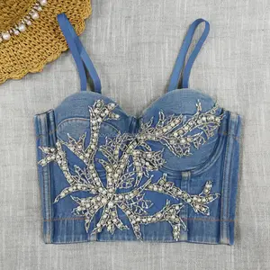 Novance Popular Products 2022 Trending Wholesale Denim Slings Crystals Fishbone Tube Top Custom Rhinestone Crop Top Sexy Corset