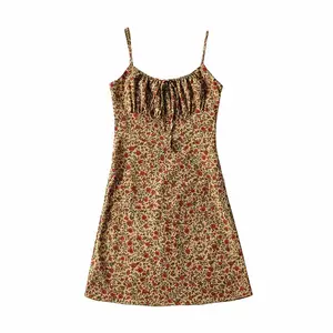 2023 Summer Retro Watermark Flower Suspender Skirt Lace-Up Temperament Slimming Dress