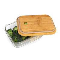Récipient alimentaire rectangulaire en verre borosilicate de 1040 ml, compatible congélateur, sans BPA, hermétique, compatible micro-ondes, anti-fuite, avec couvercle en bambou