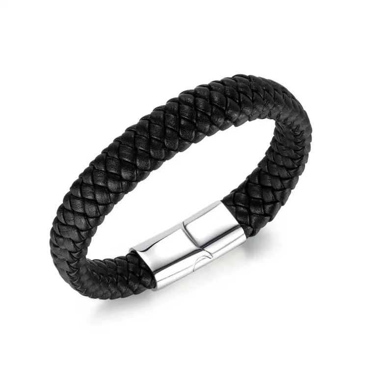 Venda quente mens pulseira de couro preto pulseira de aço inoxidável pulseira moda ocidental