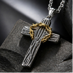 yunnique Stainless Steel <b>Cross</b> Pendant Necklace With Gold Crown Detail Unisex Fashion Jewelry - Product Image 5