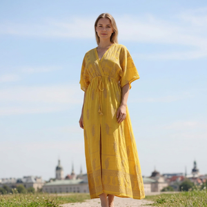 Vestido largo amarillo con cuello en V y borlas, estampado, de rayón, estilo veraniego, vestido de playa, vestido de noche, venta al por mayor en línea, vestido bohemio. - Product Image 1