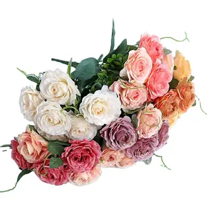 人造6头玛丽亚玫瑰批发婚礼装饰丝绸塑料永远玫瑰人造花