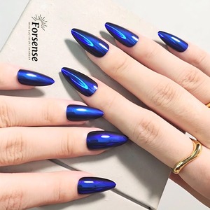 Faux ongles chromés bleu <span class=keywords><strong>royal</strong></span> avec logo personnalisé Faux ongles effet miroir design pression sur ongles avec de la colle stiletto ongles artificiels - Product Image 2