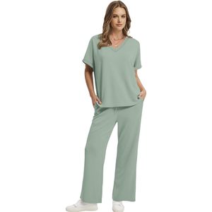 Conjunto de Salón para Mujer, Cuello en V, Manga Corta, Pantalones Anchos, 2 Piezas, Tejido Transpirable, Atuendo para Uso Diario - Product Image 2