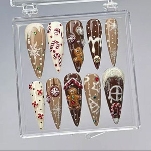 <span class=keywords><strong>Uñas</strong></span> Postizas de Lujo, Largas, Tipo Ataúd, Hechas a Mano, con Decoración de Diamantes de Imitación, Tema Navideño, Acrílicas - Product Image 6