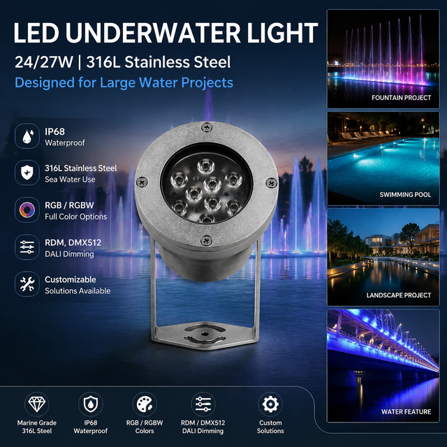 Stainless Steel 316L Marine Grade Dock Light 24V 9*3W IP68 Waterproof White RGB LED Underwater Spot Lamp Dimmable for Saltwater