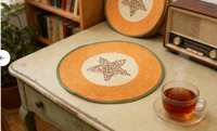 Sets de table ronds en PP tissés à la main, écologiques et réutilisables, motif étoile de mer jaune 38 cm, sans danger pour les aliments, pour la vente au détail, en gros, OEM, décoration intérieure
