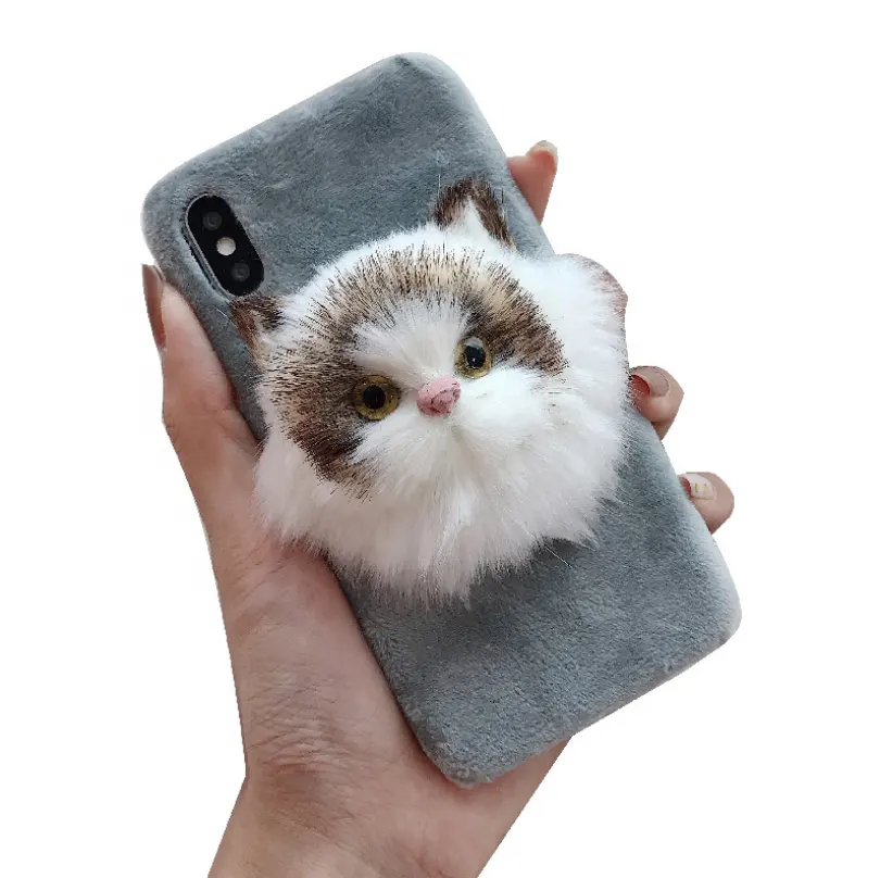 Beautiful Mobile Phone Case Back Cover 3D Plush Cat Winter Warm Hard Cover Phone Case