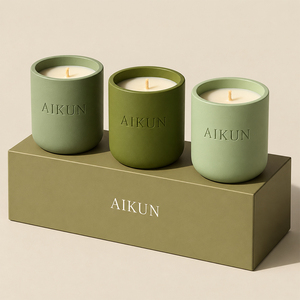 ชุดของขวัญเทียนหอมเซรามิกสีเขียวโทนด้าน Aikun พร้อมไส้เทียนฝ้ายเส้นเดียว บรรจุในกล่องทรงกลมสามใบ สำหรับตกแต่งภายในบ้าน - Product Image 1
