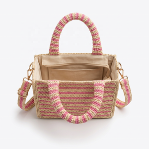 Woven <b>Raffia</b> Summer <b>Shoulder</b> <b>Bag</b> with Zip Closure Rope Handles Color Block Casual Tote for Daily Use - Product Image 2