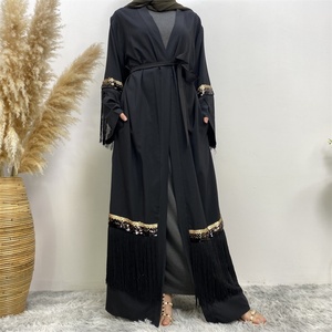 1795# Sparkle Sequins Stitching Long Tassel Modest Elegant Luxury Women Open <b>Abaya</b> 3 Colors - Product Image 6