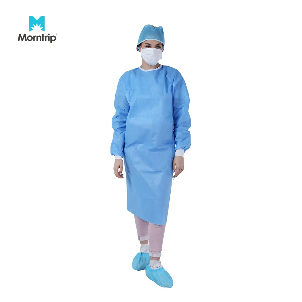Fabrika fiyat AAMI seviye 4 mavi tek kullanımlık koruyucu cerrahi önlük tıbbi kullanım örgü manşet sıvı direnci emniyet giyim