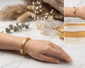 DIVYORO Classic Gold Kada Detailed Greek-Key Inspired Engraving <b>Copper</b> Brass Gold Plated Lightweight 20g <b>Bracelet</b> Women Fashion - Product Image 3