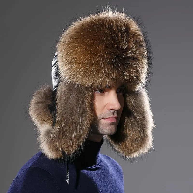 New Real Fox Pelz Leder Bomber Russland Bomber Winter hüte für Männer Winter Thick Warm Cap Ohren klappen