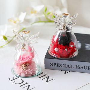 Rosa Eterna Preservada Hecha a Mano, Pequeño Ángel en Cúpula de Cristal, Rosa Real para Siempre, Regalo para el Día de San Valentín, Boda, Evento, Adorno - Product Image 1
