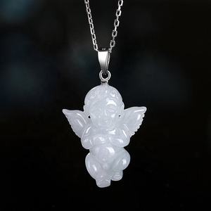 Pendentif en Jadeite Naturelle Ange Cupidon Bébé, Argent S925, Design Original, Cadeau avec Certificat d'Expertise HJ08 - Product Image 1